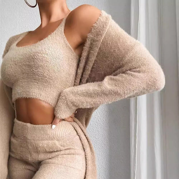 Autumn And Winter Knitted Plush Comfortable Women's Suit Sexy V-neck Short Crop Top Cardigan Sweater Trousers Three-piece Set