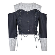 Retro top new denim patchwork knit off shoulder design wearing rope fake two-piece jacket