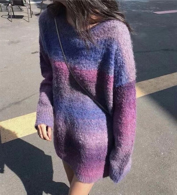 Gradient rainbow sweater women's pullover knit sweater for outerwear