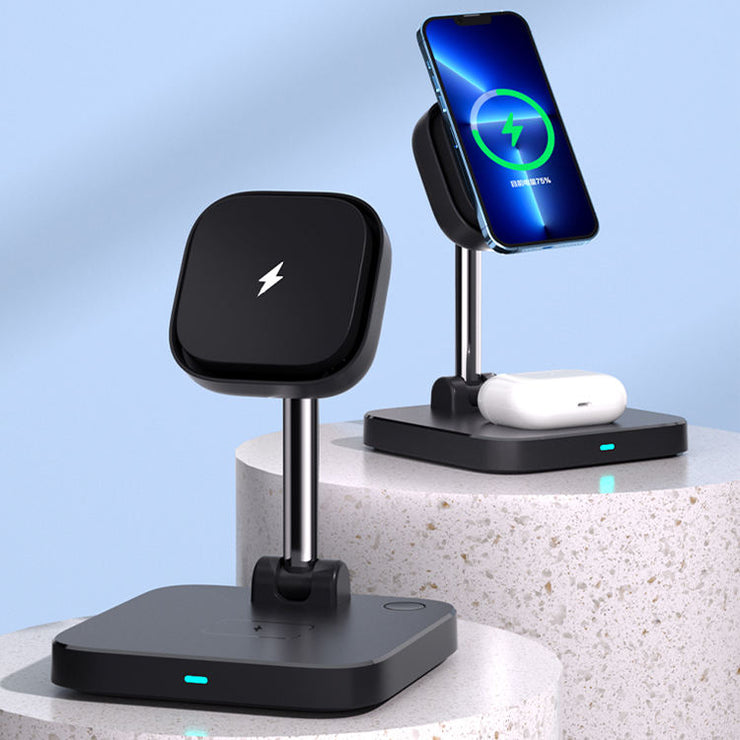 3-in-1 magnetic wireless charger holder with cooling fan suitable for wireless charging of iPhone earphones and watches