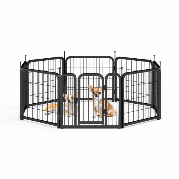 8-panel dog fence, 24 inch small dog pet fence, portable indoor pet game fence. Black, 22.2 inches wide x 23.6 inches high.