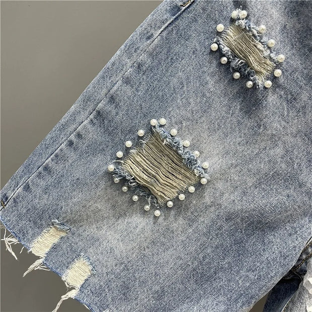 Heavy industry nail bead 3D three-dimensional flower hole shorts for women high waisted loose wide leg pants