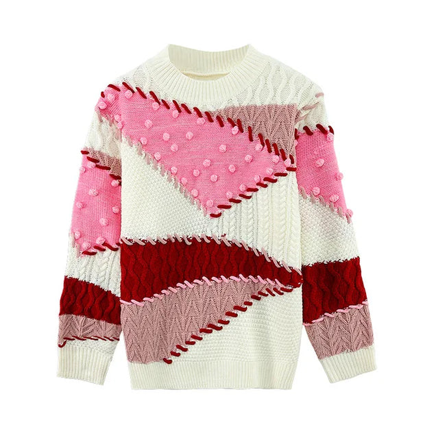 Crew Neck Color Block Sweater Pink Knit Pullover Long Sleeve Jumpers Knitwear Tops   Autumn/Winter New in Woman Clothing