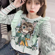 Vintage ruffled edge heavy industry nail bead jacquard sweater women's pullover kitten knitted top sweater