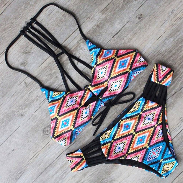 Fashionable printed low waisted lace up bikini