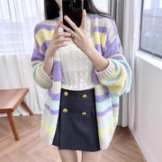 New retro dopamine striped V-neck sweater with lazy and gentle long sleeves, loose wool knit cardigan for women