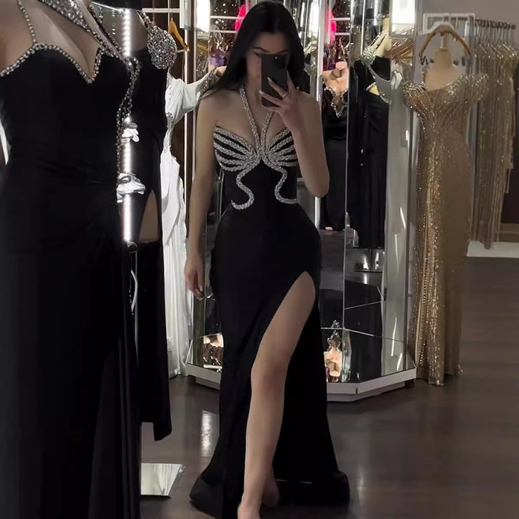 Fashionable backless neck hanging sexy strapless, diamond studded, slim fit, slit cut long, hip hugging dress for women