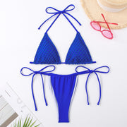 Split bikini swimsuit women's lace up tight and sexy neck hanging women's fashionable solid color swimsuit