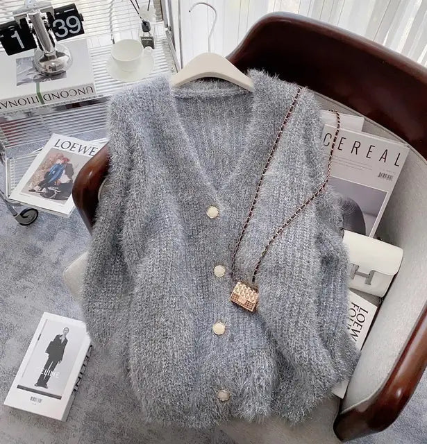 Silver Thread Knitted Sweater Coat Women V-neck Loose Fashion Chic Cardigan Jacket Long Sleeve Oversized Thicken Jumpers Tops