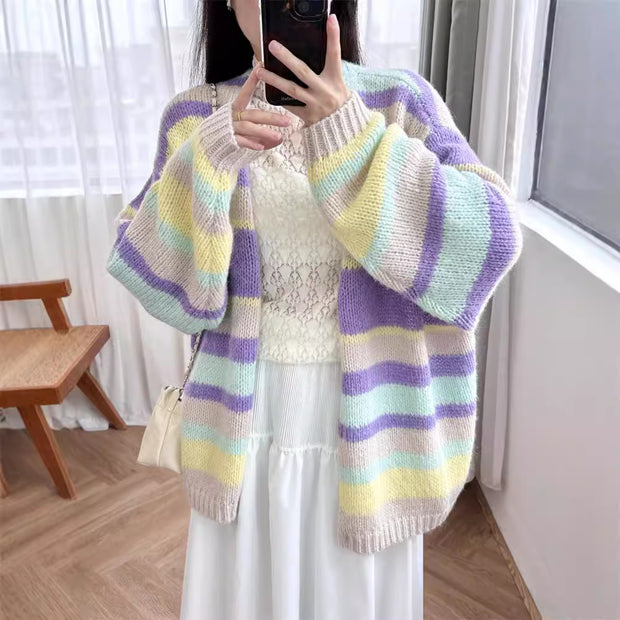 New retro dopamine striped V-neck sweater with lazy and gentle long sleeves, loose wool knit cardigan for women