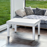 The ON-TRANS stylish modern glass mirrored coffee table features a crystal design and adjustable height legs in silver