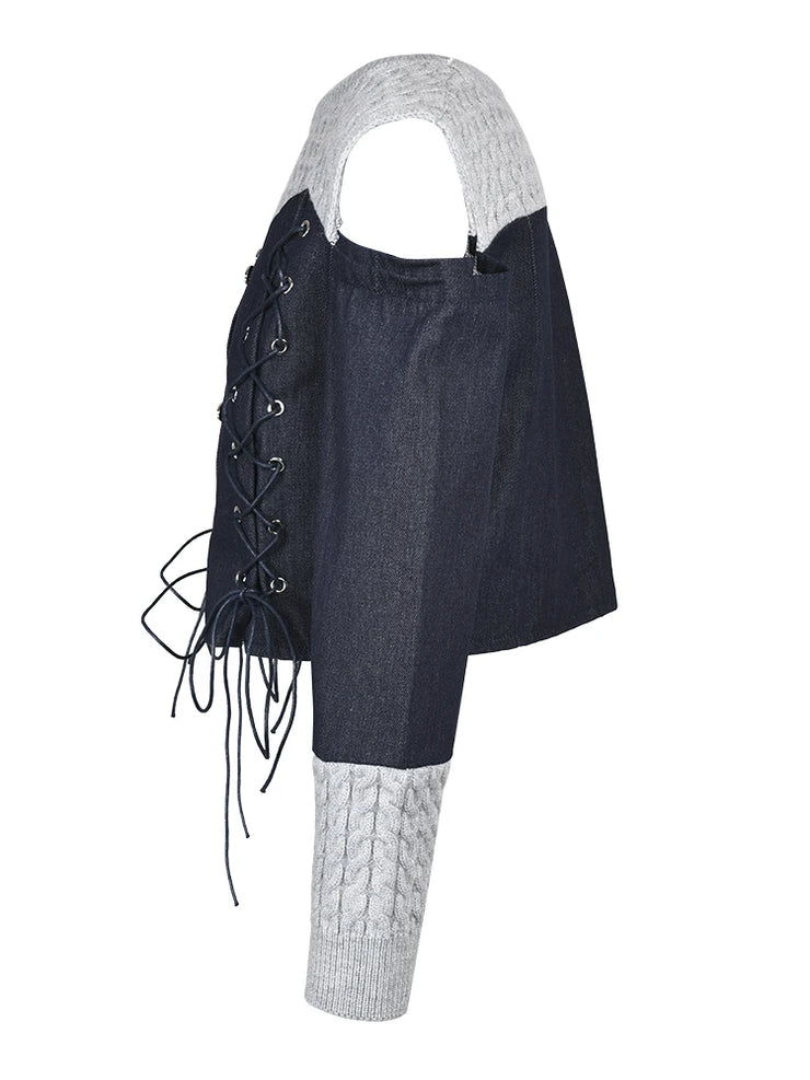 Retro top new denim patchwork knit off shoulder design wearing rope fake two-piece jacket