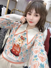 Embroidered Jacquard Knit Sweater Women Pullover Tops Spring Long Sleeve Turn-down Collar Elegant Vintage Stylish Jumpers