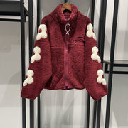 Autumn and Winter Puff Flower Patch Embroidery Half High Collar Zipper Shake Fleece Teddy Coat