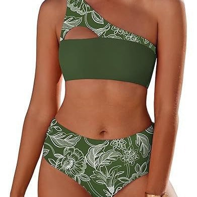 Split swimsuit bikini high waisted single shoulder double-sided plant printed swimsuit