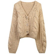 Long sleeved V-neck single breasted loose soft and sticky knitted cardigan jacket