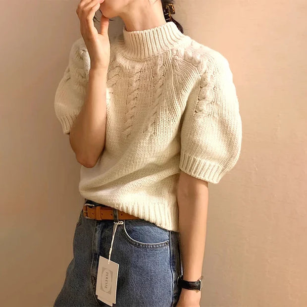 Korean Stand Collar Sweater Pullover Women Twisted Knit Elegant Vintage Tops Knitwear 2024 New Short Sleeve Chic Ladies Jumpers