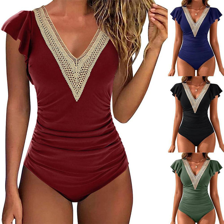 Women's solid colored flying sleeve one-piece swimsuit, simple and sexy fashionable swimsuit, bikini