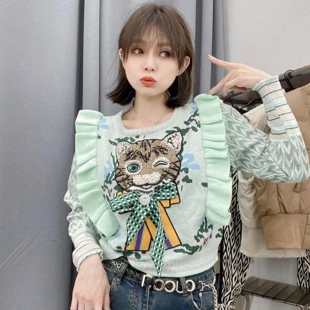 Vintage ruffled edge heavy industry nail bead jacquard sweater women's pullover kitten knitted top sweater