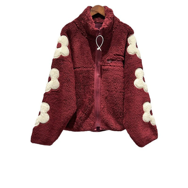 Autumn and Winter Puff Flower Patch Embroidery Half High Collar Zipper Shake Fleece Teddy Coat