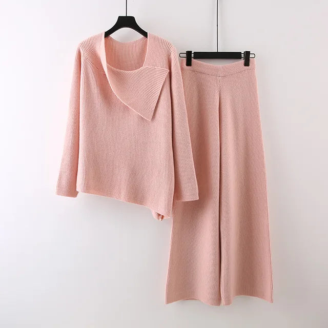 Women's Knitted Two Piece Sets Irregular Long Sleeve Loose Tops Solid Color Casual Trousers Female Suits  Autumn