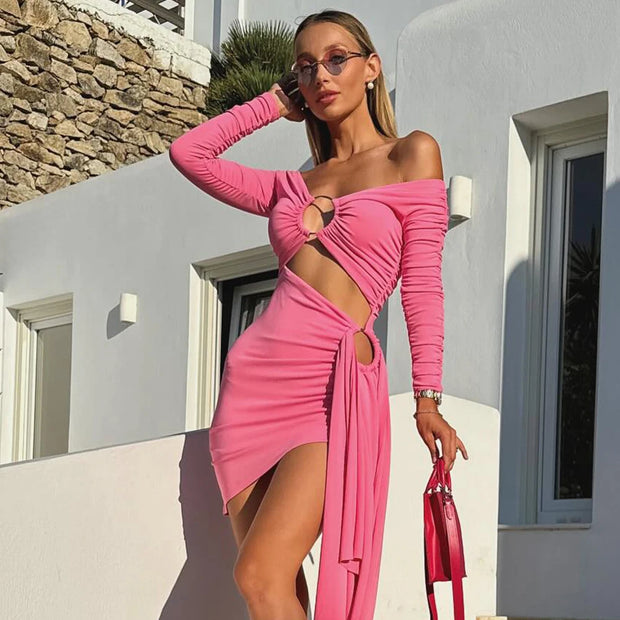 Pink Color Women Long Sleeve Off the Shoulder Sexy Holes Bodycon Mini Dress Draped Nightclub Party Birthday Outfit Vestido