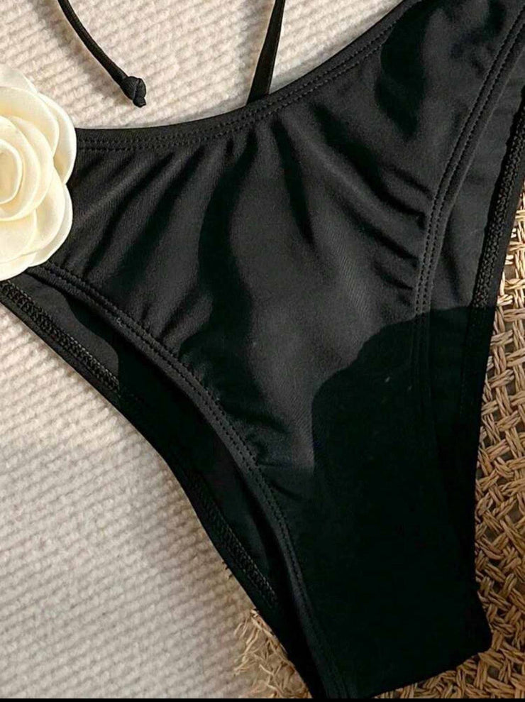 Solid rose strapless drawstring strap split swimsuit bikini