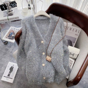 Silver Thread Knitted Sweater Coat Women V-neck Loose Fashion Chic Cardigan Jacket Long Sleeve Oversized Thicken Jumpers Tops