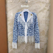 Trendy women's blue and white tassel cardigan jacket paired with knitted top for women's age reduction