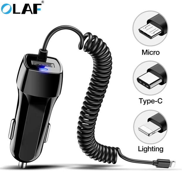 Car Charger With USB Cable Mobile Phone Charger For iphone 11 7 Samsung S10 Xiaomi Micro USB Type C Cable Fast Car Phone Charger