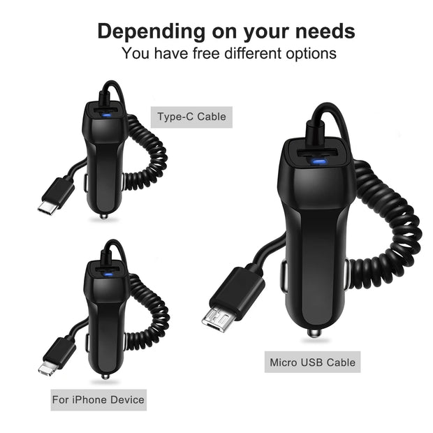 Car Charger With USB Cable Mobile Phone Charger For iphone 11 7 Samsung S10 Xiaomi Micro USB Type C Cable Fast Car Phone Charger