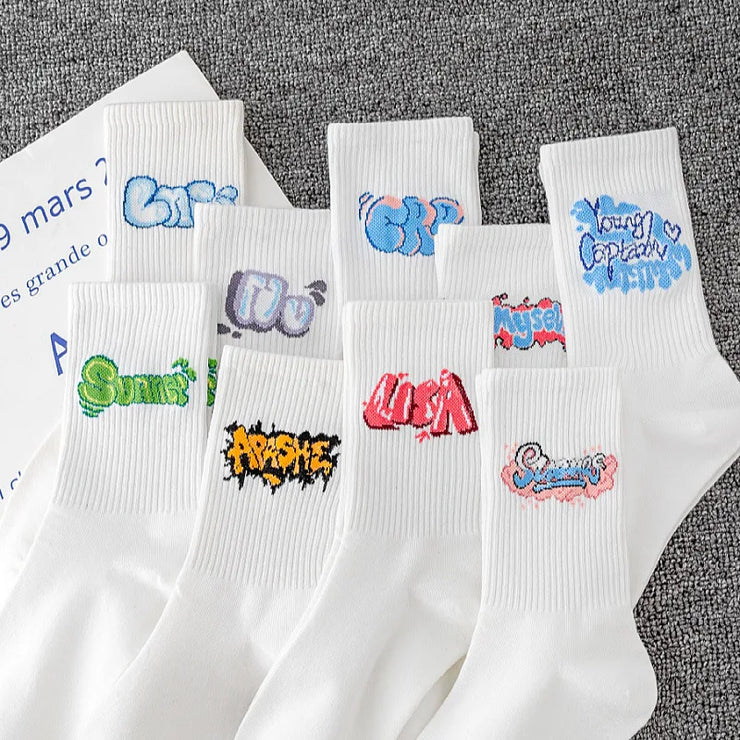 9 Pairs/Set Unisex Socks Letters Printed Simple Mid Tube Socks Suit In All Seasons For Daily Sports