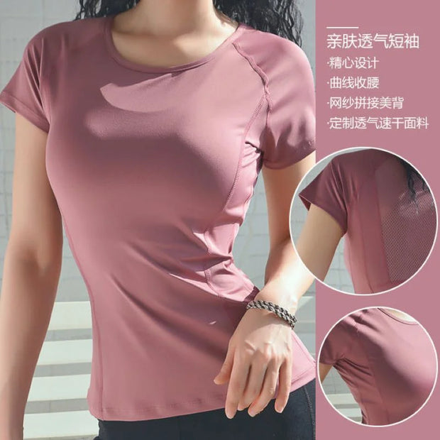 Ladies Sportswear Mesh Stitching Short-Sleeved Sports T-Shirt Women Yoga Tops Running Fitness Clothes Factory Ready Stock - Follow yourDream
