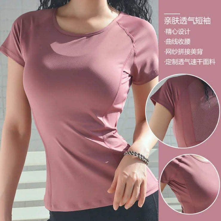 Ladies Sportswear Mesh Stitching Short-Sleeved Sports T-Shirt Women Yoga Tops Running Fitness Clothes Factory Ready Stock - Follow yourDream