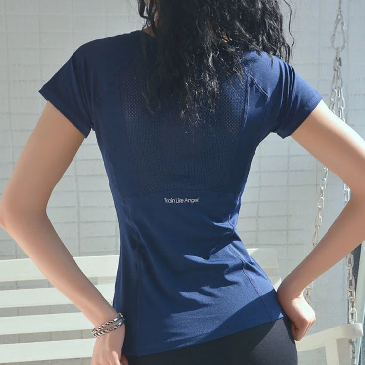 Ladies Sportswear Mesh Stitching Short-Sleeved Sports T-Shirt Women Yoga Tops Running Fitness Clothes Factory Ready Stock - Follow yourDream