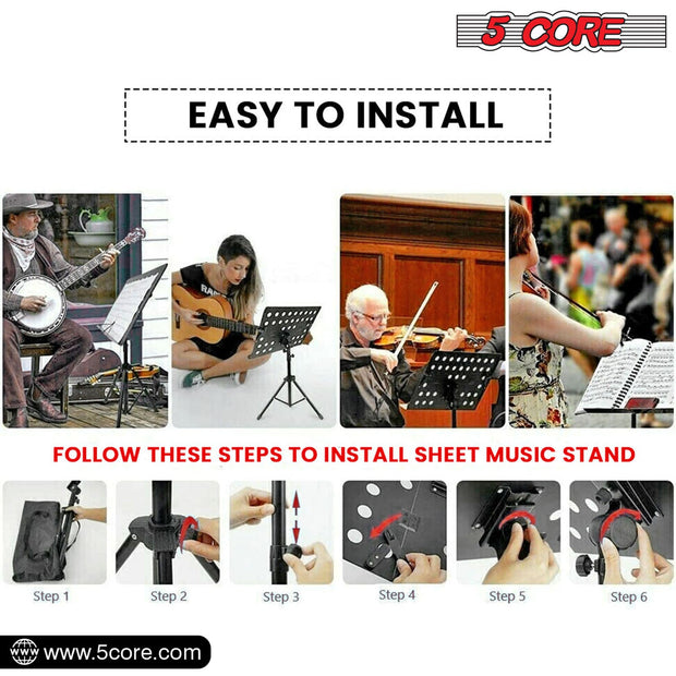 5Core Music Stand For Sheet Music Portablr Folding Tripod + Detachable