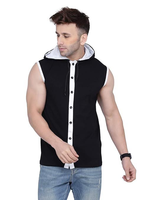 Men's Button Design Hooded Neck Tshirt (Size-L) (Color-BLACK)