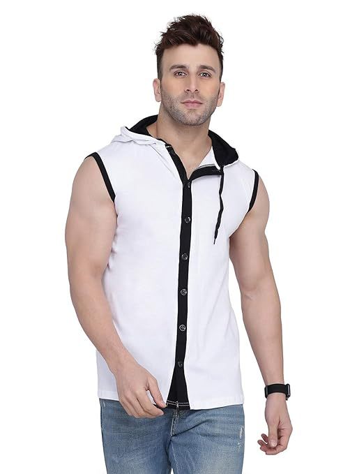 Men's Button Design Hooded Neck Tshirt (Size-S) (Color-WHITE)