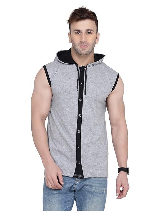 Men's Button Design Hooded Neck Tshirt (Size-M) (Color-LIGHT GREY)