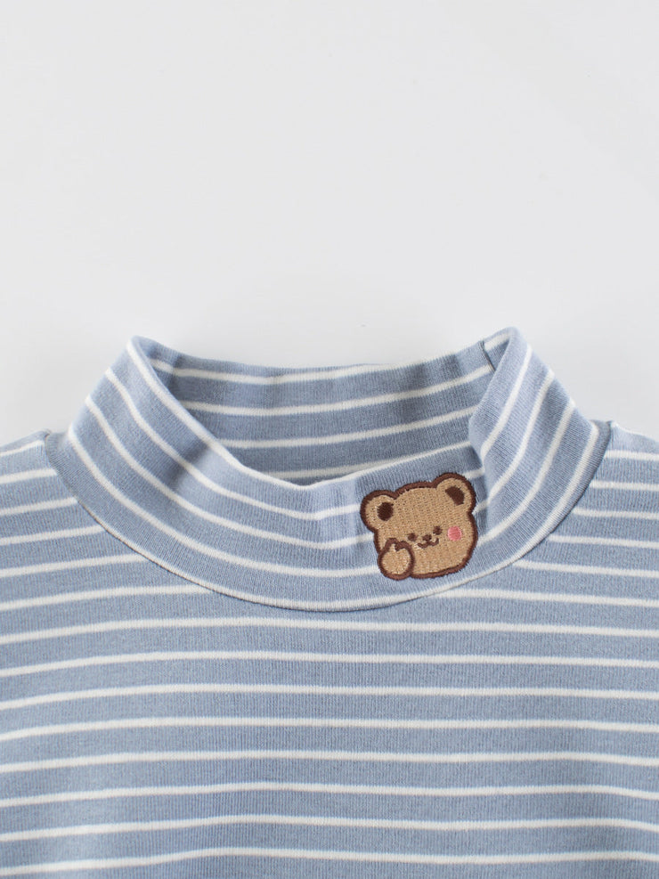 Autumn Baby Kids Boys Teddy Embroidery Pattern Striped Long Sleeves